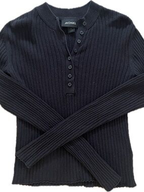 Monki Black Ribbed Henley Crewneck Top